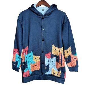 Navy Hooded Button-Front Cardigan with Colorful Cat Motif
